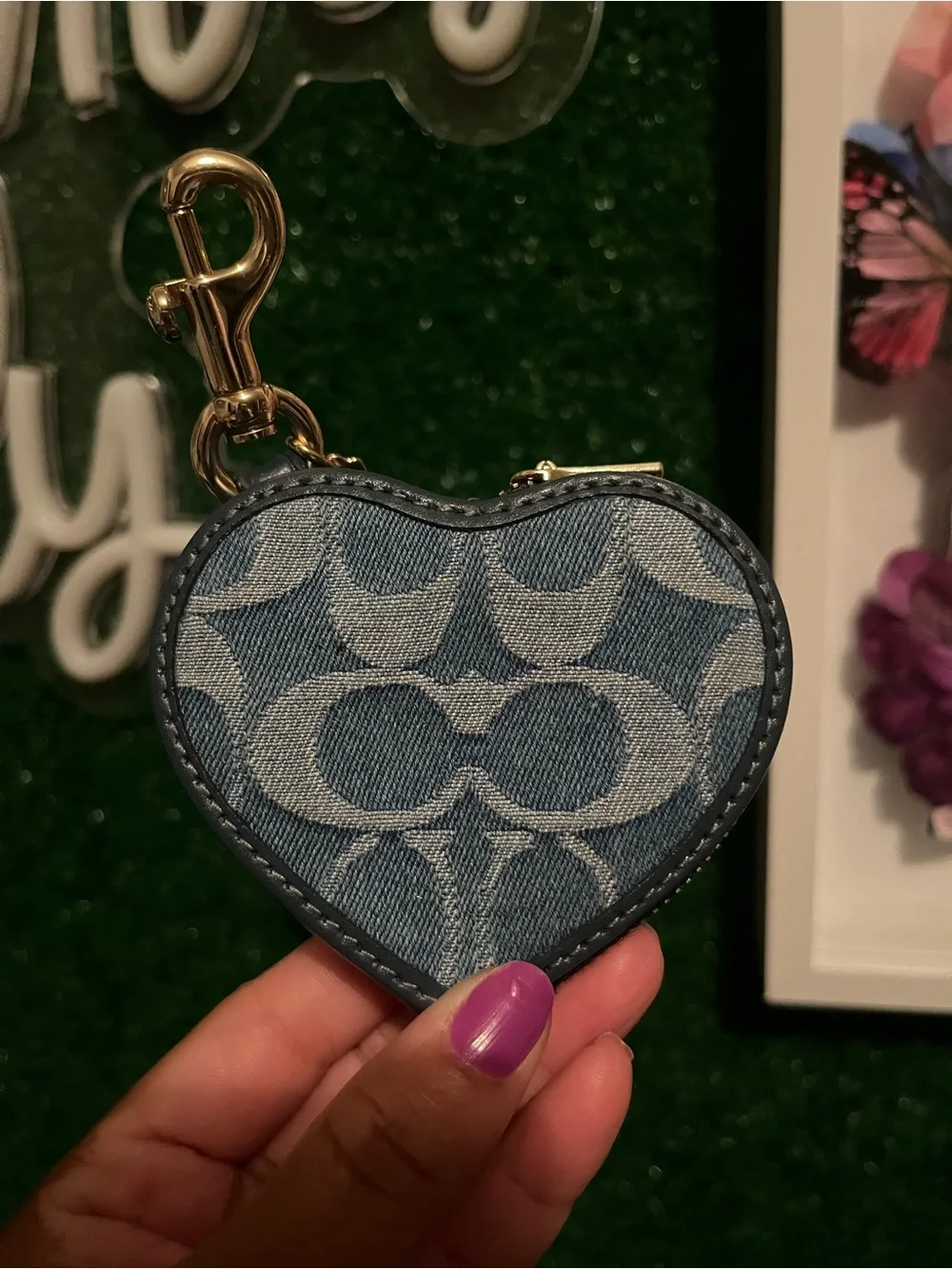 Coach Denim Heart-Shaped Denim Keychain Coin Pouch